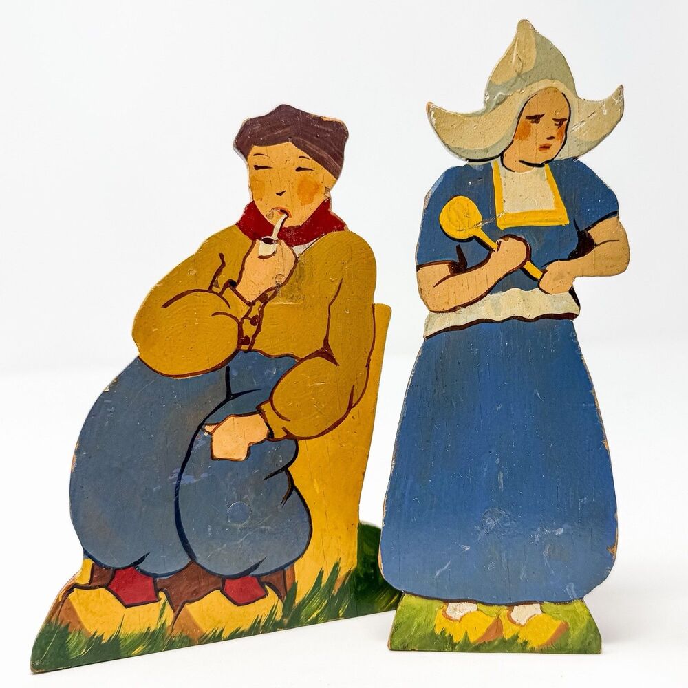 Vintage Hand Painted Dutch Folk Art Wooden Shelf Sitters Holland Couple Set - Picture 2 of 5